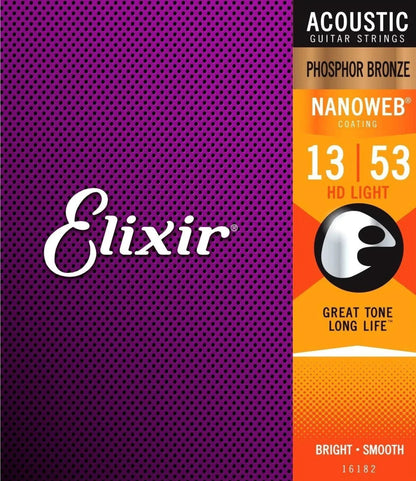 Elixir 16182 Nanoweb Phosphor Bronze Acoustic Guitar Strings - .13-.053 HD Light