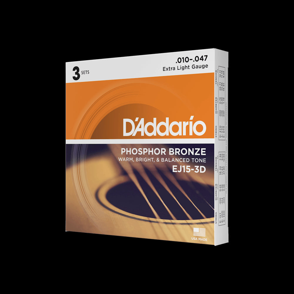 D'Addario EJ15-3D Phosophor Bronze Acoustic Guitar Strings - Extra Light, 3-Pack