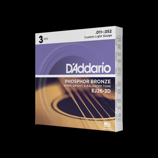 D'Addario EJ26-3D Phosphor Bronze Acoustic Guitar Strings - Custom Light, 3-Pack