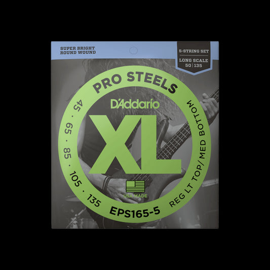 D'Addario EPS165-5 XL Pro Steels Round Wound LS 5-String Electric Bass Strings - Regular Top/Medium Bottom