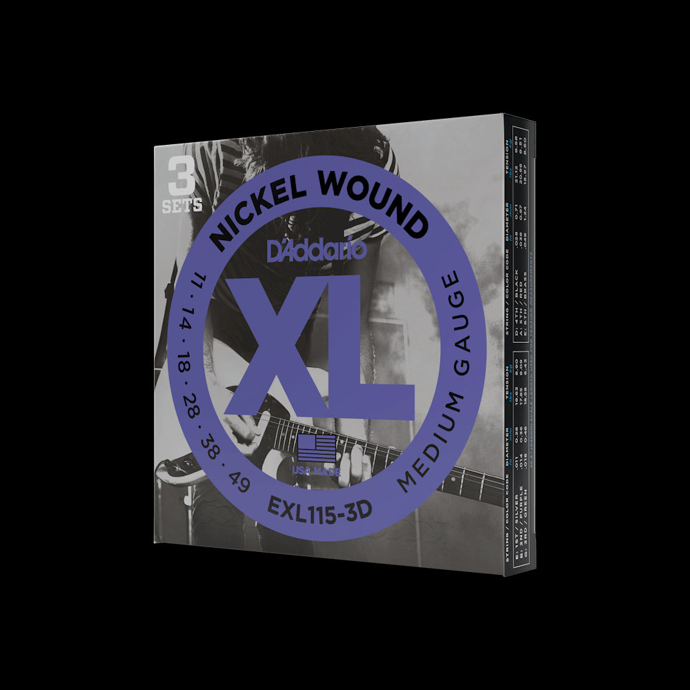D'Addario EXL115-3D XL Nickel Wound Electric Guitar Strings - Medium, 3 Pack