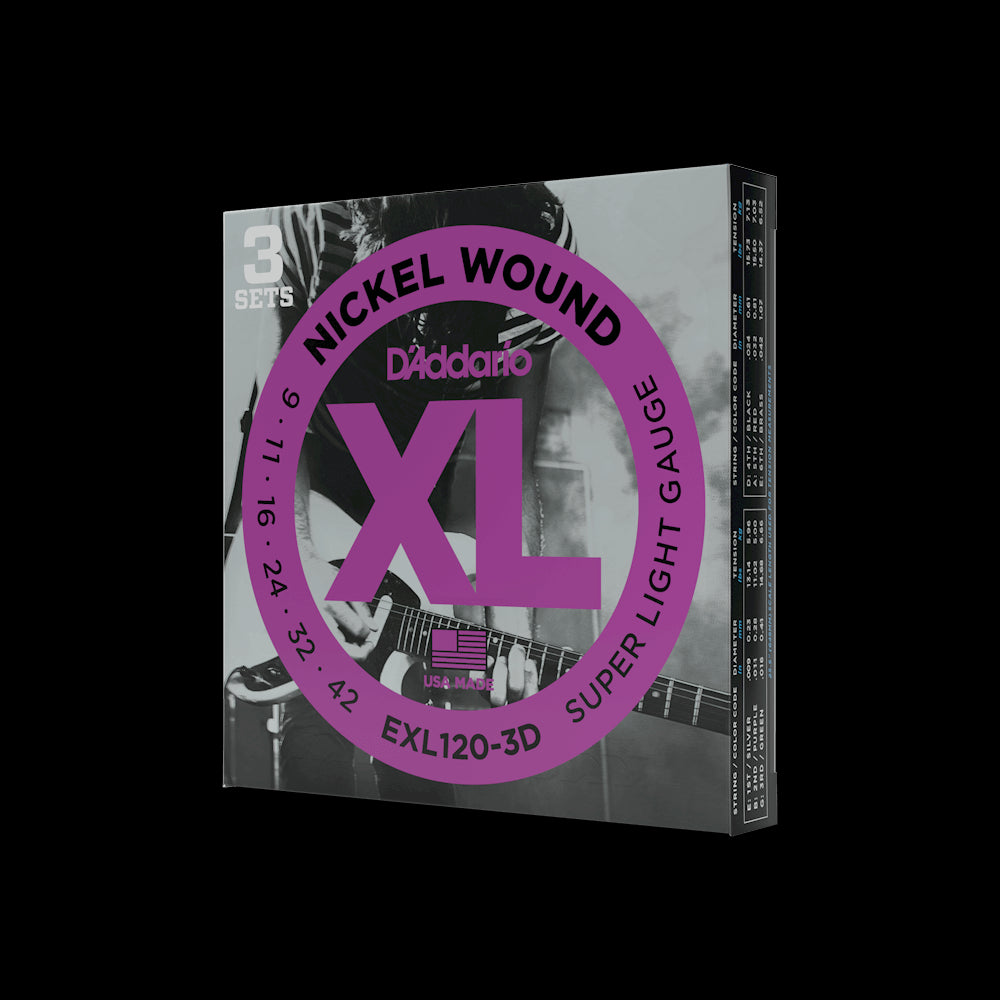 D'Addario EXL1203D XL NIckel Wound Electric Guitar Strings - Super Light, 3-Pack