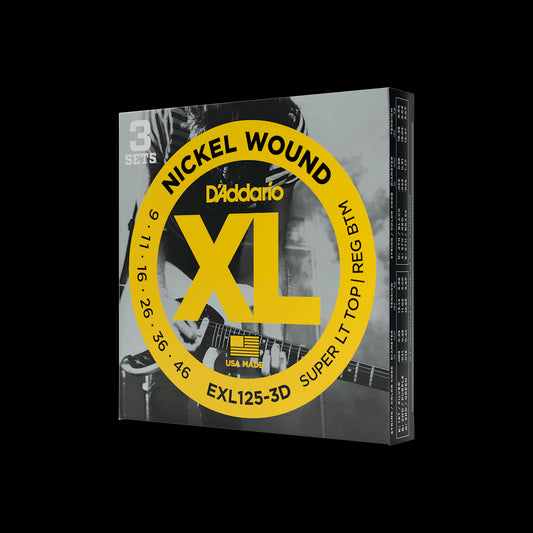 D'Addario EXL125-3D XL NIckel Wound Electric Guitar Strings - Super Light Top/Light Bottom, 3-Pack