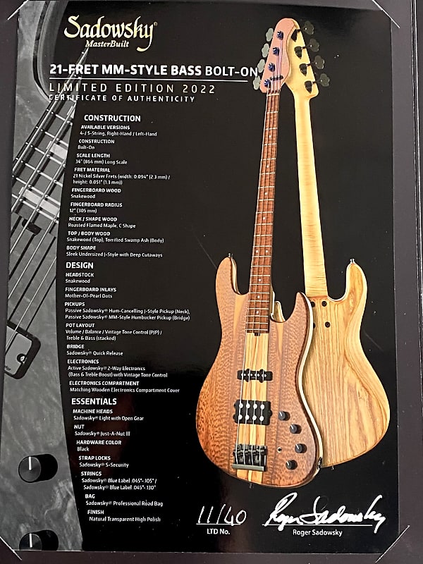 Sadowsky MasterBuilt Limited Edition 21-Fret 5-String MM Bass 2022 #11/40 Natural Transparent High Polish